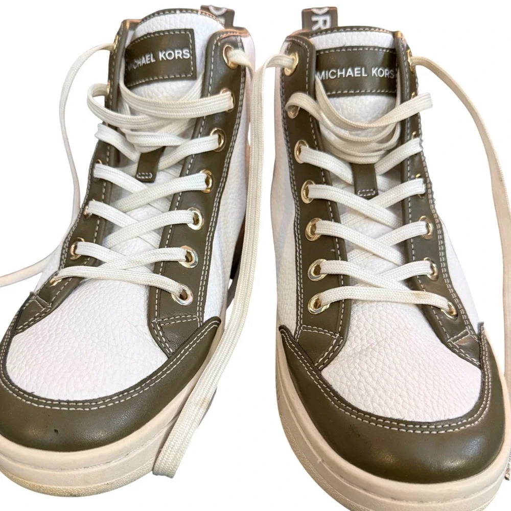 Michael Kors Shea Mid High-Top‎ Two-Tone Lace-Up Sneaker Olive/White 9.5M
